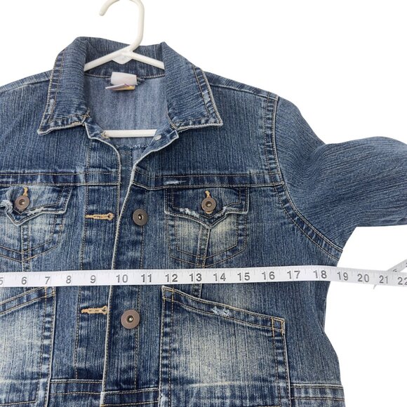 Xhilaration Womens Cropped Denim Jacket SZ XL Blue Button Front Distressed Style - Picture 4 of 15